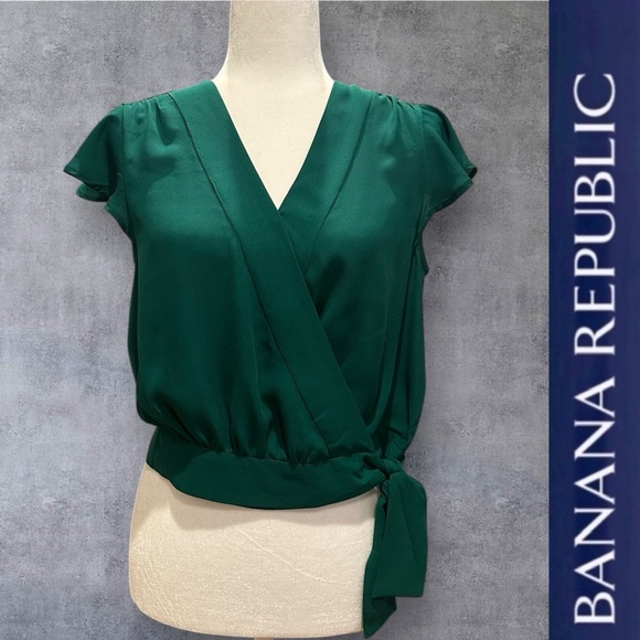 Banana Republic Emerald Flutter Sleeve Tie Waist Blouse, Size XSP, MSRP $70 - Picture 1 of 6